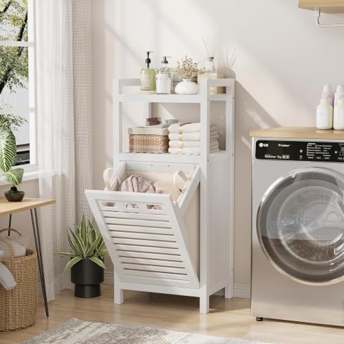 Homykic White Bamboo Tilt-Out Laundry Hamper Cabinet with Removable Bag