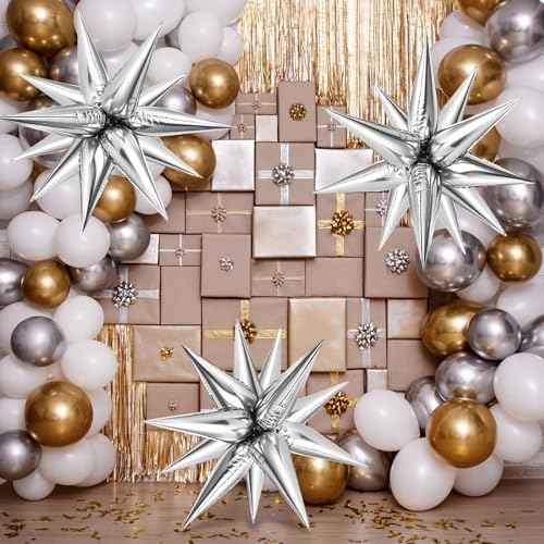 36 Pcs Silver Star Balloons Explosion 12 Point Foil Cone Balloons Spike Mylar Balloon Large for Wedding, Anniversary, Backdrop, Birthday Party Decorations