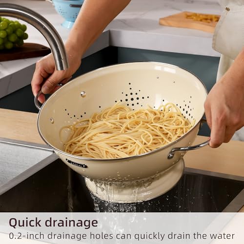 BeFare Almond Cream Metal Colander Set with Handles - 2Qt & 6Qt Heavy Duty Kitchen Strainers