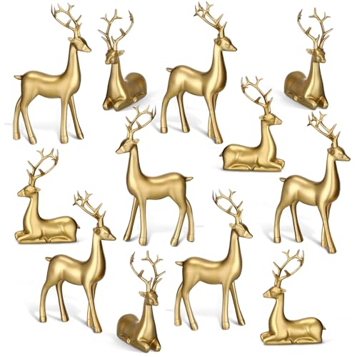 12 Pcs Gold Reindeer Figurines Set - Indoor Christmas Decorative Deer Sculptures