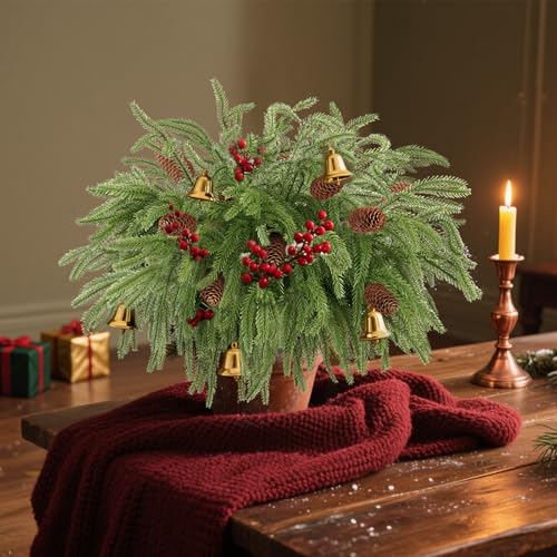 LELEE 18Pcs Christmas Norfolk Pine Branches with Pinecones - 12 Branches + 6 Pine Cones, 17.7 in, Wreath & Garland Craft Picks