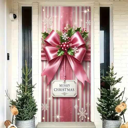 Christmas Door Cover Christmas Pink Bow Holly Hanging Banner Backdrop Gift Box Photography Background Holiday Door Hanging Cover Door Cover Banner for Xmas Holiday New Year 71X35 Inch