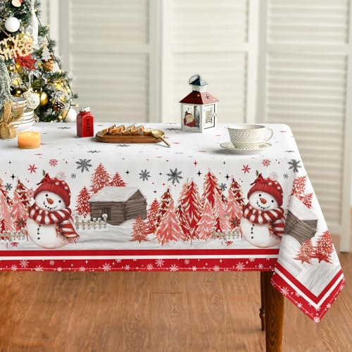Horaldaily Christmas Tablecloth 60 x 104 Inch Rectangular Red Snowman Pine – 100% Polyester