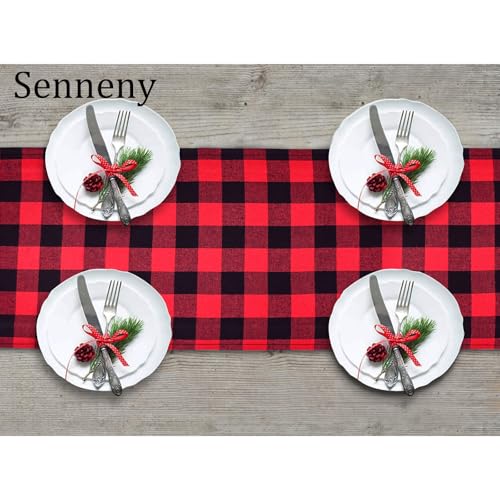 Senneny Red and Black Buffalo Check Cotton Table Runner 14 x 90 Inch - Holiday Christmas Decor