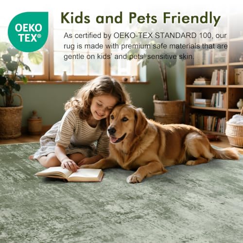 Green Abstract Washable Area Rug 6x9 Ft for Living Room - Non-Slip, Machine Washable