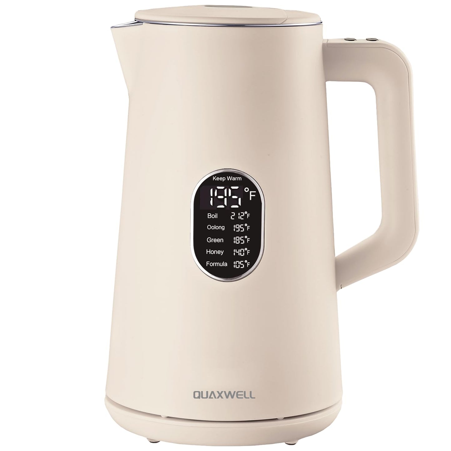 QUAXWELL 1.5L Electric Kettle Stainless Steel, Double Wall Cool Touch Teapot, Fast Boil,5 Temperature Control, LED Display, Auto Shut-Off,Keep Warm Function,Cream White