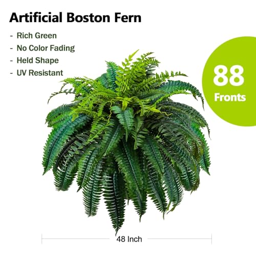 GYERB 2 Pack Artificial Boston Ferns Outdoor 48 Inch Fake Fern Plants with 88 Leaves - Realistic Faux Porch Garden Decor