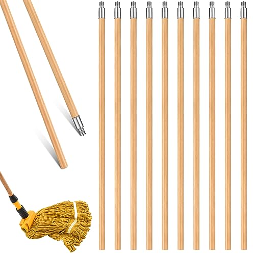 10 Pack 55 Inch Lacquered Wooden Broom Handles with Threaded Tips - Bulk Set