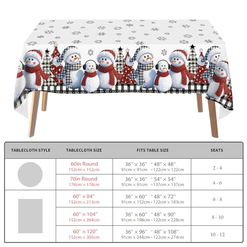 QIALETS 60x120 Inch Christmas Tablecloth, Snowman & Buffalo Plaid Tree Design, Water-Resistant