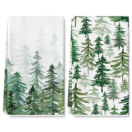 Christmas Kitchen Dish Towels - Watercolor Pine Tree Pattern, 2 Pack, 18 x 28 Inches