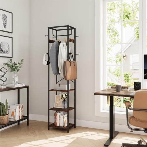 ELYKEN Rustic Brown Freestanding Coat Rack with Shelves & Hooks - Modern Hall Tree