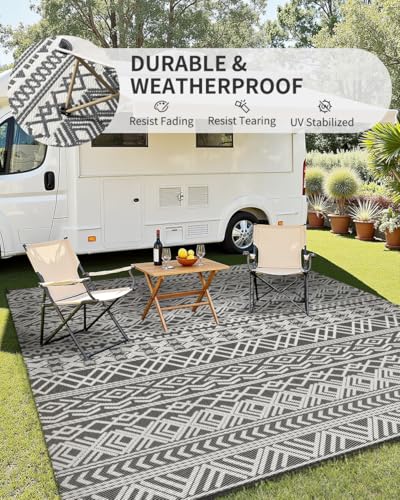Grey Waterproof Outdoor Rug 6x9 ft Reversible Patio Carpet for Deck Balcony Backyard