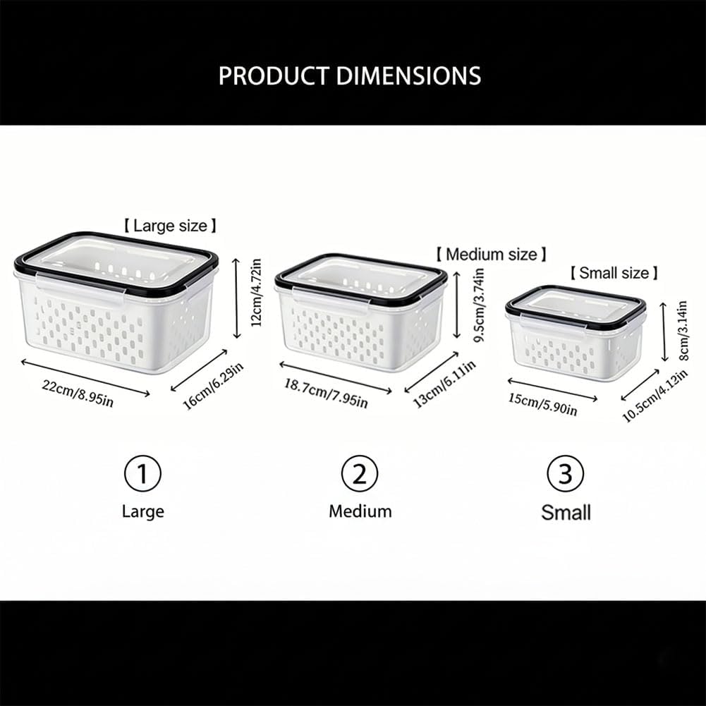 Skiennix Fruit Storage Containers - Transparent Plastic with Removable Colanders | 4-in-1 Vegetable Box (Gray, S+M)