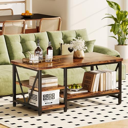Farmhouse Coffee Table with Storage - 39.3-Inch Rectangular Living Room Table