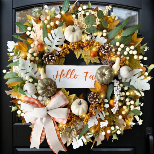 24-Inch Fall Wreath with Lights & Timer for Front Door - Farmhouse Decor