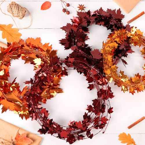 CCINEE 75 Feet Thanksgiving Wire Garland for Fall Decoration,Red Maple Leaf Wreath Hanging Metallic Tinsel Garland for Home Indoor Harvest Decor 3 Roll