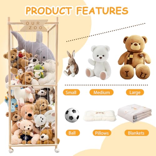 Megapuxin Pine Wood Stuffed Animal Storage Zoo on Wheels - Large Toy Organizer for Nursery & Playroom