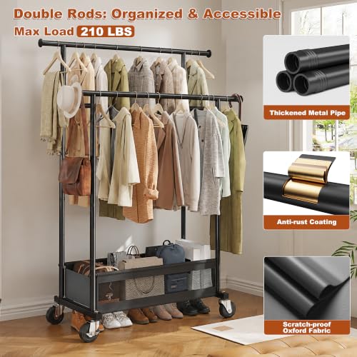 Black Clothes Rack 210 LBS Double Rods with Storage Basket - Space Saving Garment Organizer