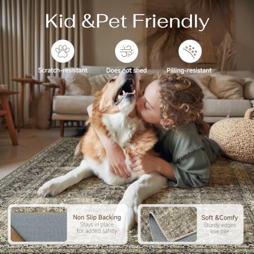 PureCozy Brown Area Rug 6x9 Vintage Distressed Low Pile Accent