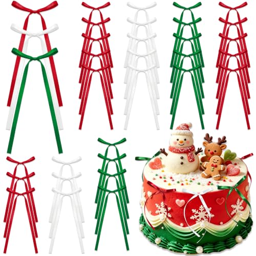 30PCS Red White Green Satin Ribbon Bow Cake Toppers for DIY Holiday Decor