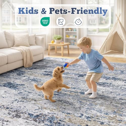 TENGTENGLINK Blue 8x10 Modern Abstract Washable Area Rug for Living Room & Bedroom