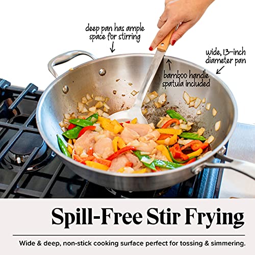 13-Inch Stainless Steel Wok Pan with Lid & Spatula - Professional Stir Fry Cookware