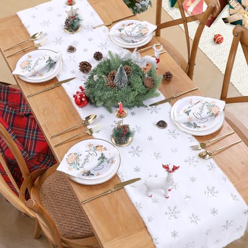 QueenDream Silver Snowflakes Faux Fur Table Runner 13x90 Inch for Christmas Decor