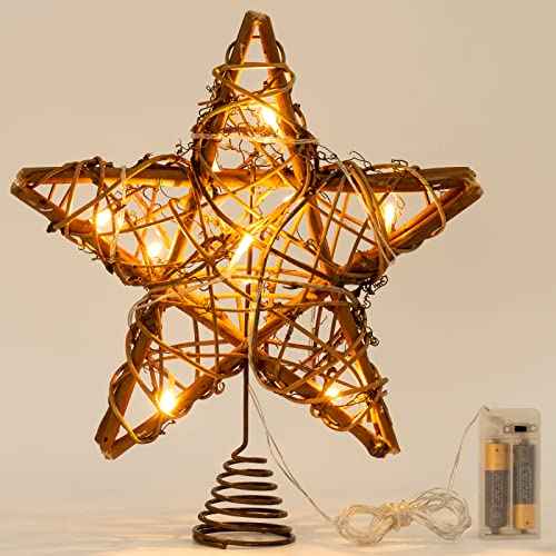 Christmas Tree Topper, Rustic Rattan Star Treetop Christmas Tree Decorations with 10 Light, Star Tree Toppers for Indoor Holiday Party Xmas Decorations