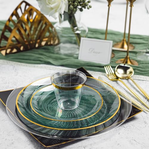 N9R 180PCS Green Plastic Plates Gold Rim, Disposable Party Dinnerware