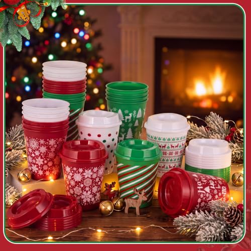 Pickmesh 24 Pack Christmas Reusable 12oz Plastic Coffee Cups with Lids