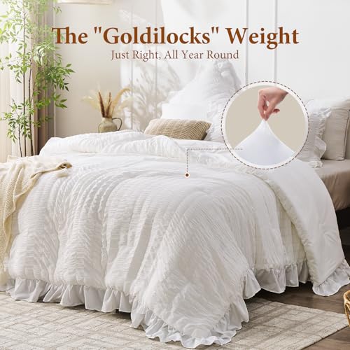 JOLLYVOGUE White Full Size 3-Piece Seersucker Comforter Set - All Season Lightweight Bedding