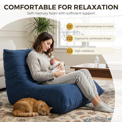 Blue Bean Bag Chair for Adults - Memory Foam Couch Sofa with Corduroy Cover