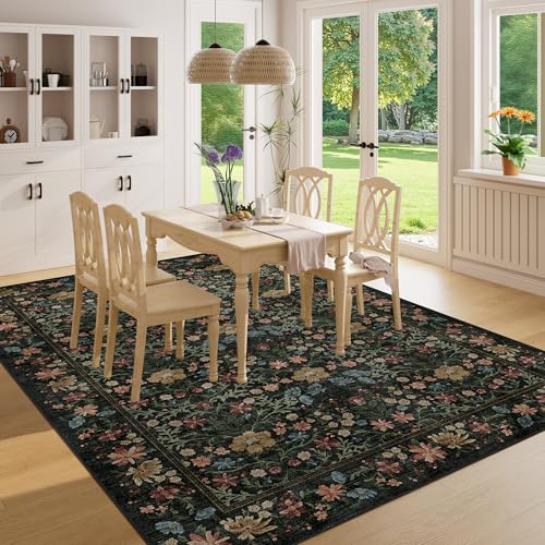 6x9 Vintage Floral Area Rug - Washable Faux Wool Living Room Carpet - Black