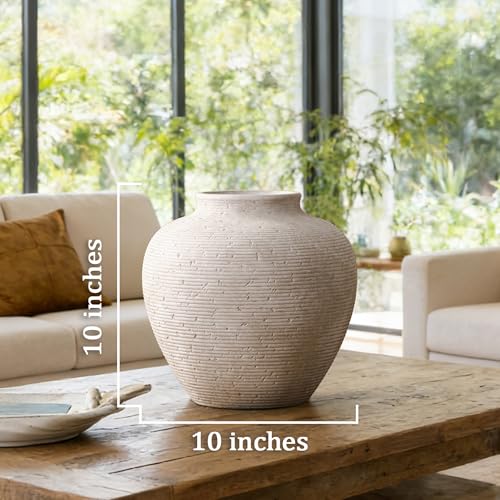 Vanselia Rustic Ceramic Flower Vase - Large 10-Inch Farmhouse Table Decor