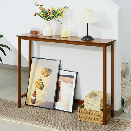 Walnut Bamboo Narrow Console Table 39.4 Inch Entryway Side Table for Small Spaces