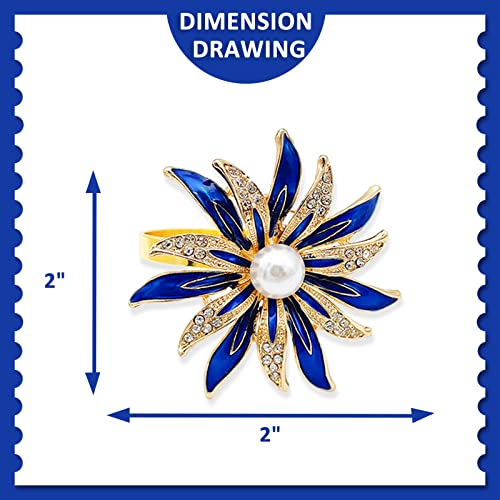 Blue Rhinestone Flower Napkin Rings Set of 6 for Wedding & Party Decor