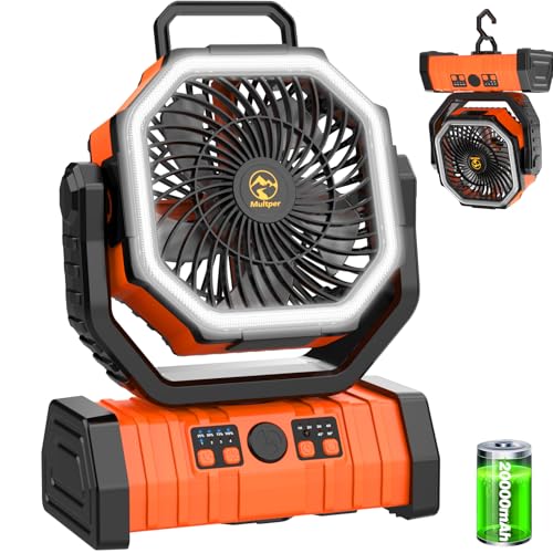 Orange 20000mAh Rechargeable Camping Fan with LED Lantern & Remote Control