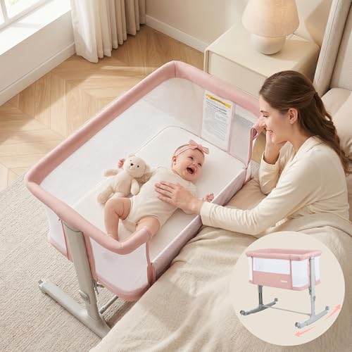 INFANS 3-in-1 Baby Bassinet Bedside Sleeper Pink 34x25x32 Inches with Rocking