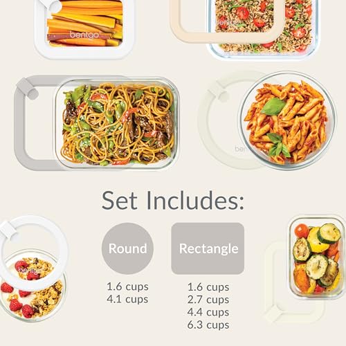 Bentgo Signature Glass Food Storage Containers Set with Lids - White Stone, 12 Piece