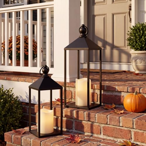 Decorative Lanterns Set of 2 Black Metal Lanterns with Flameless LED Candles - 17 & 13 Inches - Indoor & Outdoor Farmhouse Modern Decor