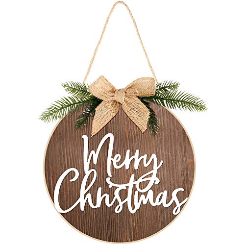 Jetec Merry Christmas Wood Sign Round Front Door Hanging Decor Brown with White Bow