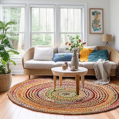 6 Feet Round Multi Color Jute Chindi Rag Rug - Handwoven Area Rug