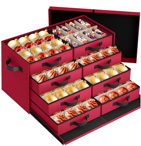 StorageRight Red Christmas Ornament Storage Box with 8 Trays & Adjustable Dividers