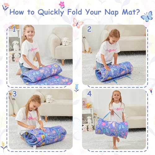 Kids Nap Mat with Pillow & Blanket - Purple Butterfly Toddler Sleep Set