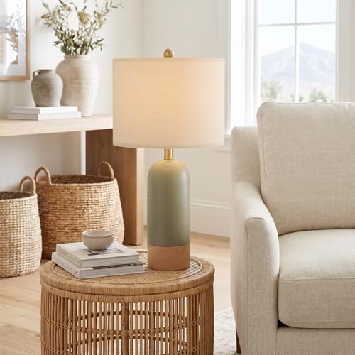 PoKat 24-Inch Hand-Textured Green & Earthy Yellow Ceramic Farmhouse Bedside Lamps Set of 2 - Matte Finish