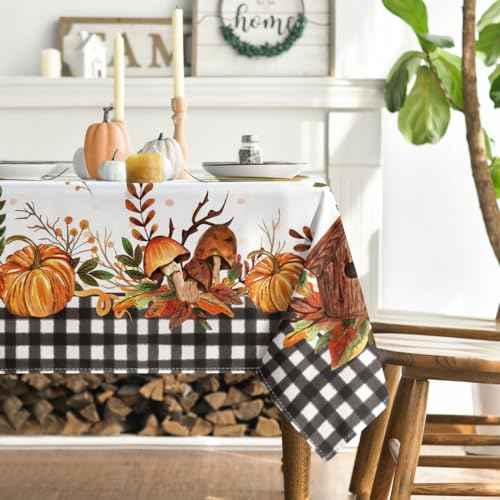 Horaldaily Fall Tablecloth 52x70 Inch Rectangular, Thanksgiving Autumn Harvest Pumpkin Mushroom Black Buffalo Plaid Table Cover for Party Picnic Dinner Decor