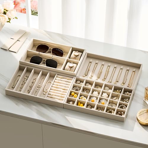 Large Beige Velvet Jewelry Drawer Organizer Trays - 4-Layer Stackable Insert Set with Removable Dividers, Magazine Size