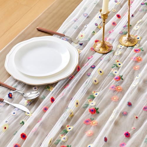 Wracra White Daisy Embroidered Cheesecloth Table Runner — 10ft x 28" W x 120" L