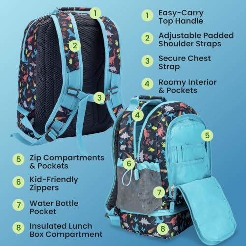 Dinosaur Kids Backpack & Insulated Lunch Bag with Padded Straps - Large