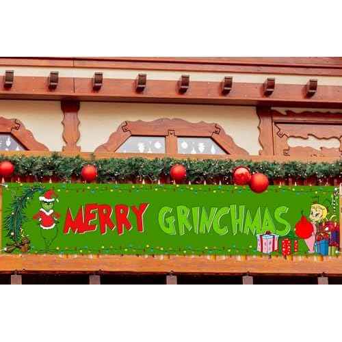 Nepnuser Green Christmas Fence Banner Winter Holiday Party Decoration Xmas Large Home Garden Outdoor Yard Hanging Sign Decor-1.6 * 8.2ft (Green-A)